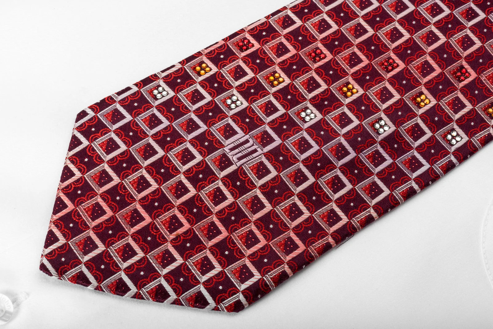 Daks Rhinestone Silk Necktie Geometric Checkered On Burgundy With Red Sparkles - Image 3