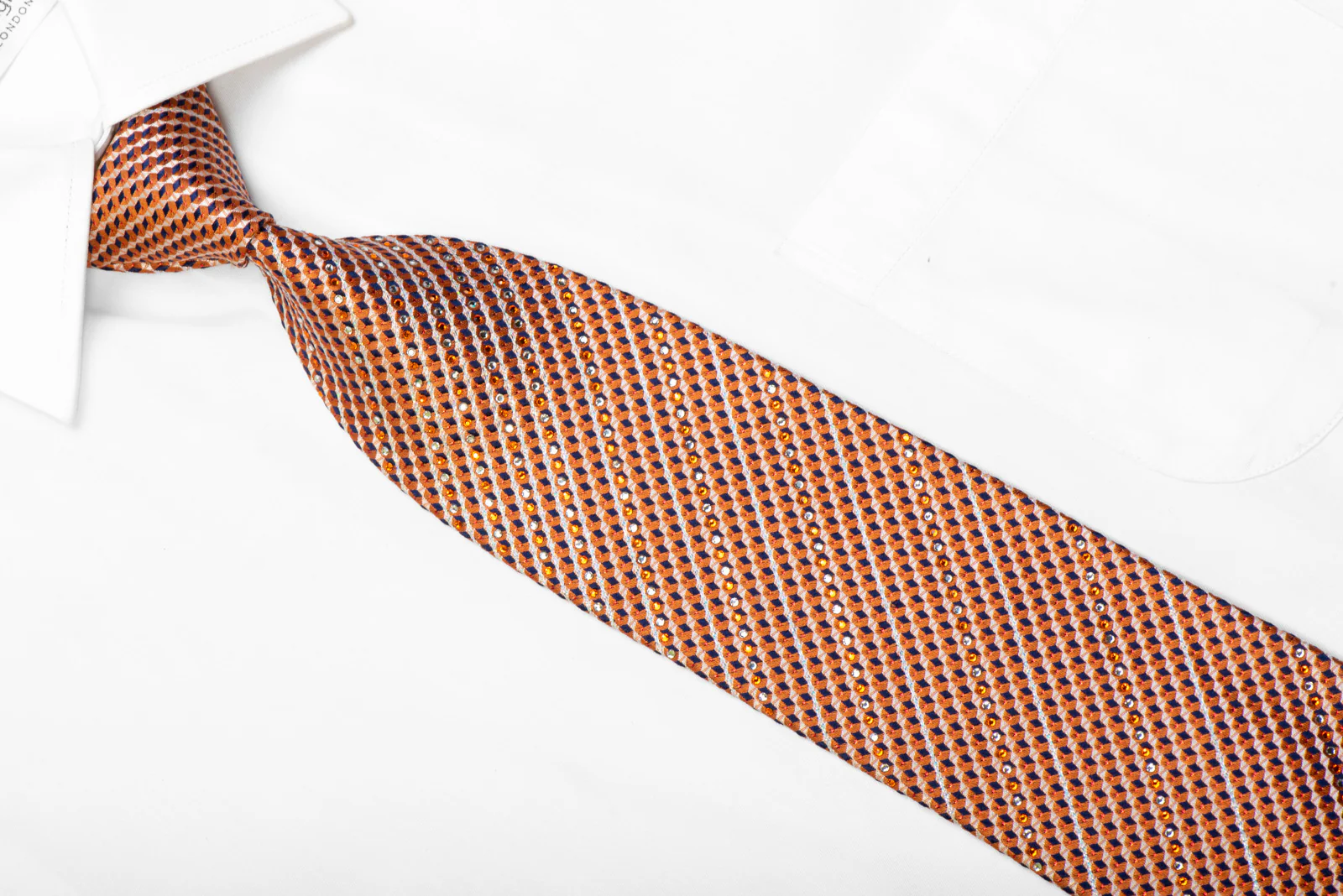 Rhinestone Silk Necktie Geometric On Orange With Red Sparkles - Image 2