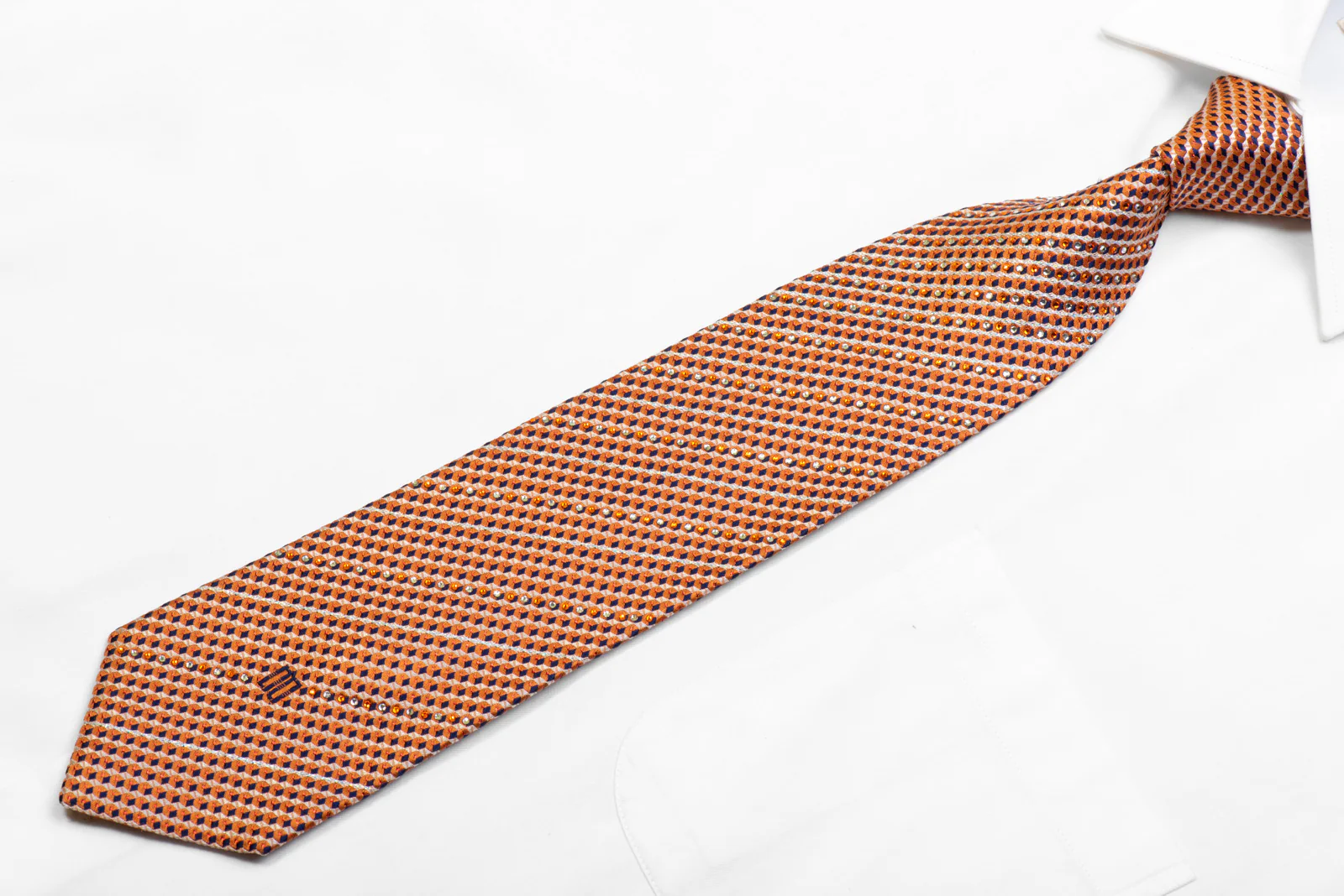 Rhinestone Silk Necktie Geometric On Orange With Red Sparkles - Image 3