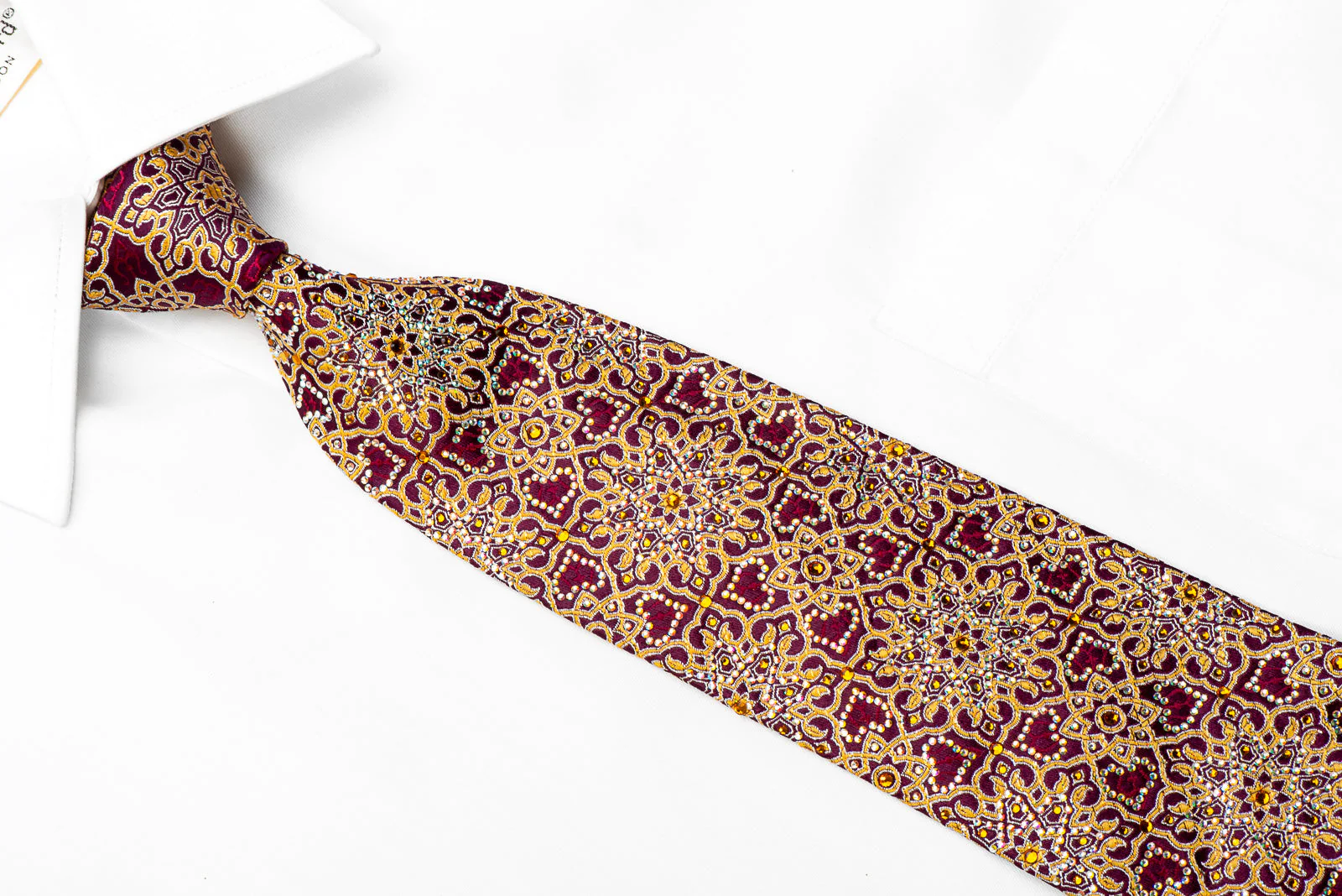 Gold Arabesque On Burgundy Rhinestone Silk Necktie With Sparkles - Image 2