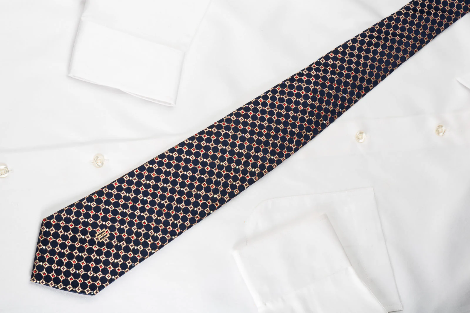 Daks Rhinestone Silk Necktie Golden Checker On Navy Blue With Red Sparkles - Image 2