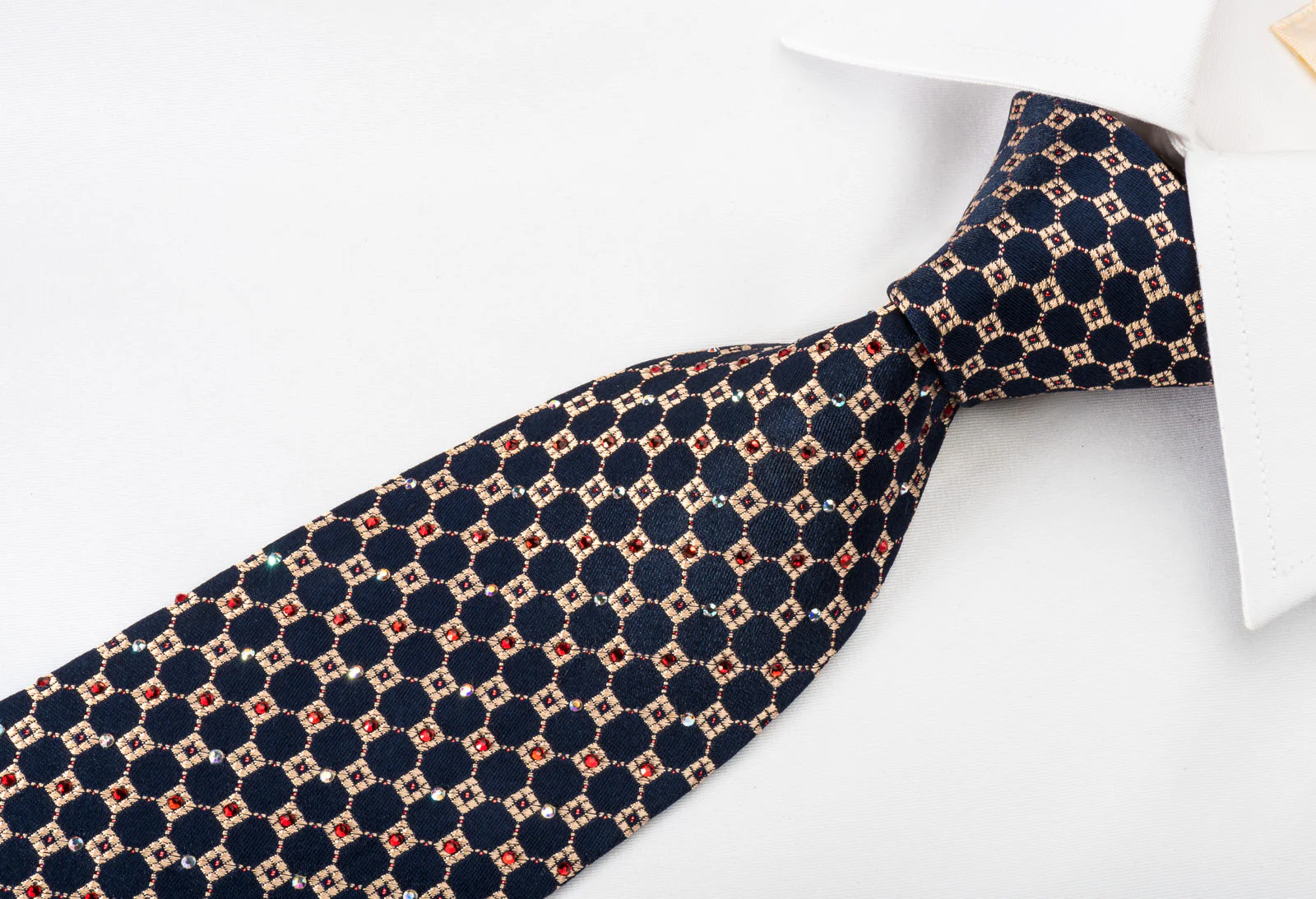 Daks Rhinestone Silk Necktie Golden Checker On Navy Blue With Red Sparkles - Image 3