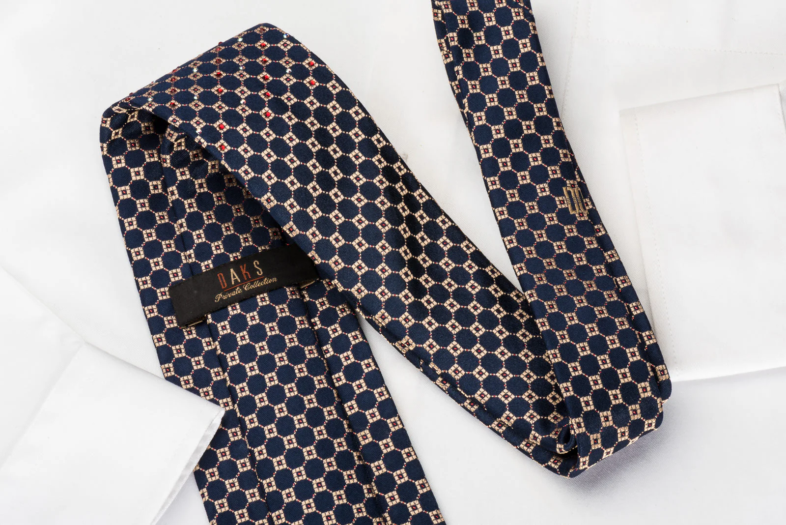 Daks Rhinestone Silk Necktie Golden Checker On Navy Blue With Red Sparkles - Image 6