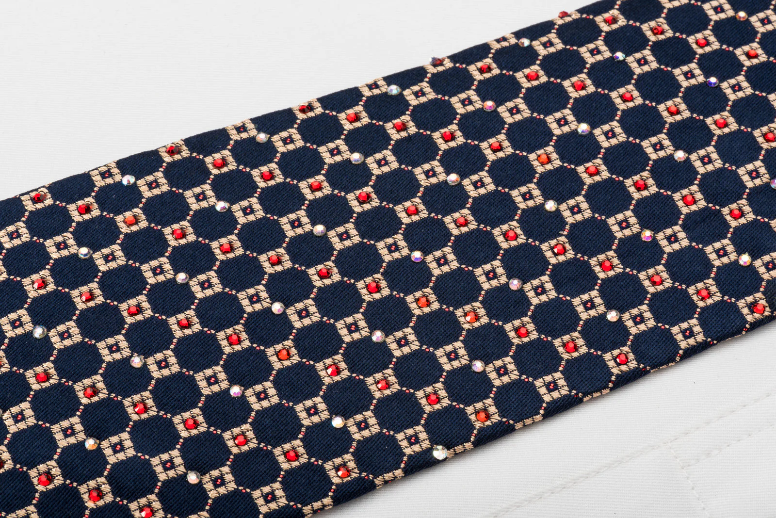 Daks Rhinestone Silk Necktie Golden Checker On Navy Blue With Red Sparkles - Image 8