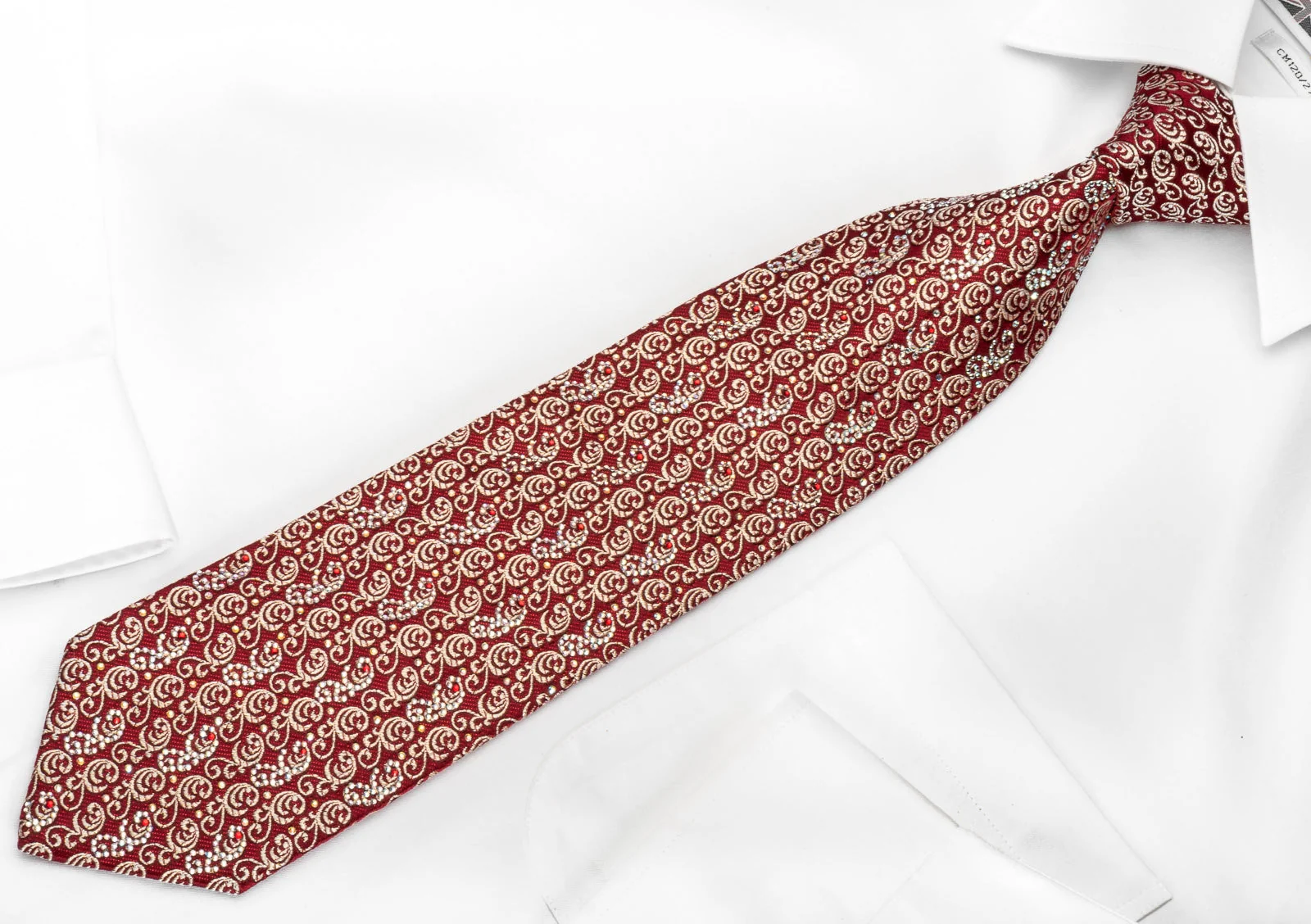 Rhinestone Silk Necktie Golden Filigree On Red With Red Sparkles - Image 3
