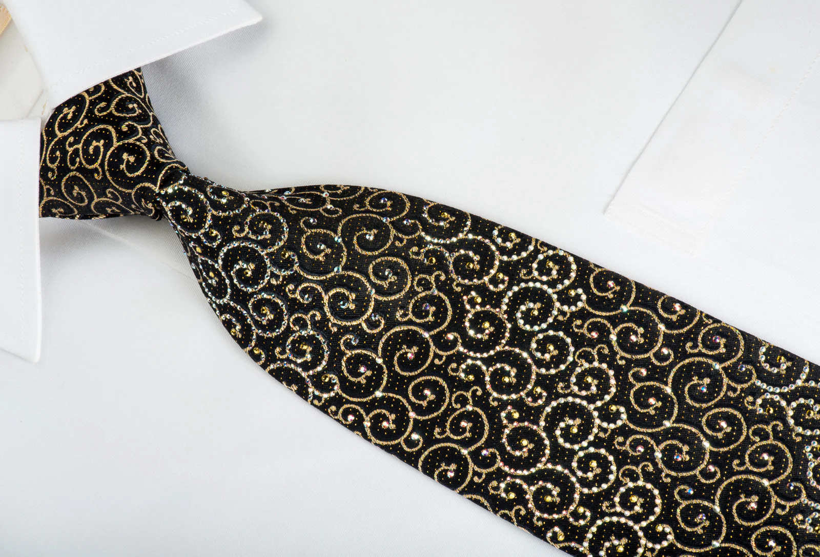 Golden Scrolls On Black Rhinestone Silk Necktie With Gold Sparkles - Image 3
