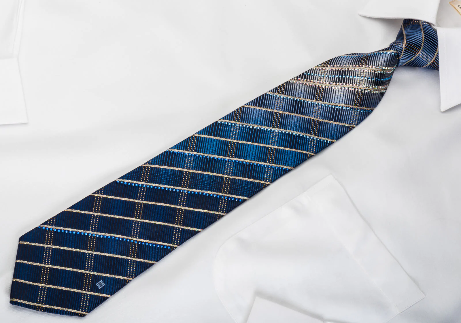 Daks Rhinestone Silk Necktie Golden Stripes On Blue With Gold Sparkles - Image 2