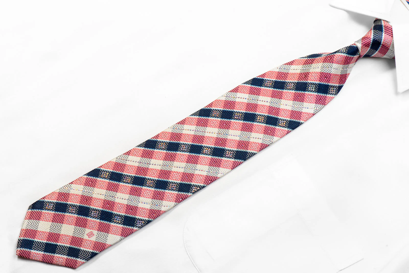 Daks Rhinestone Silk Necktie Pink Blue White Plaid With Silver Sparkles - Image 3