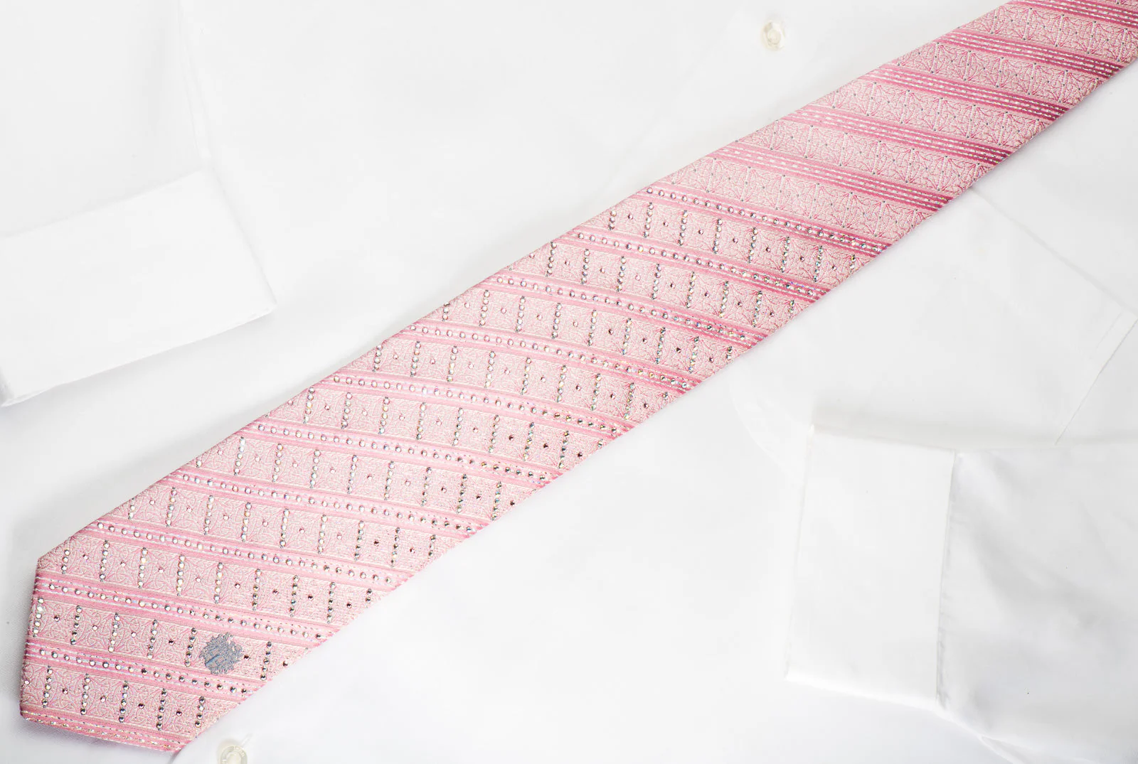 Daks Rhinestone Silk Necktie Pink Striped With Silver Sparkles - Image 6