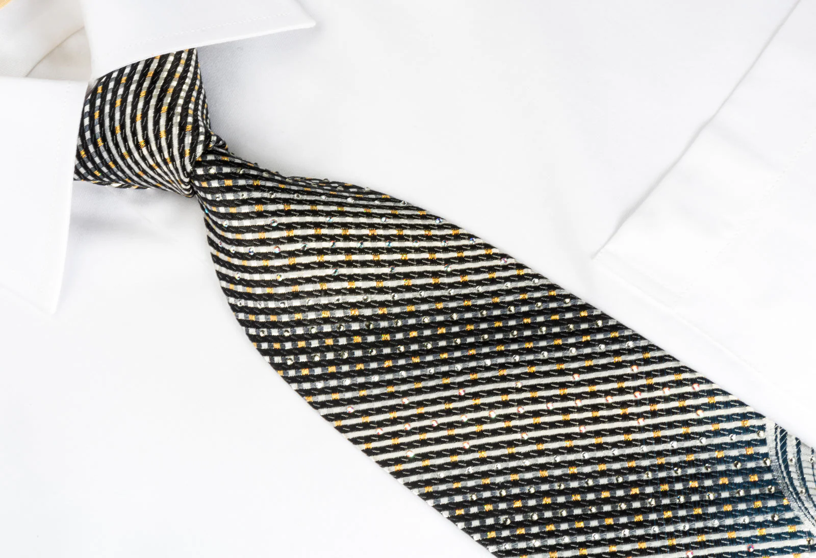 Daks Rhinestone Silk Necktie Silver Charcoal Black Striped With Golden Sparkles - Image 3