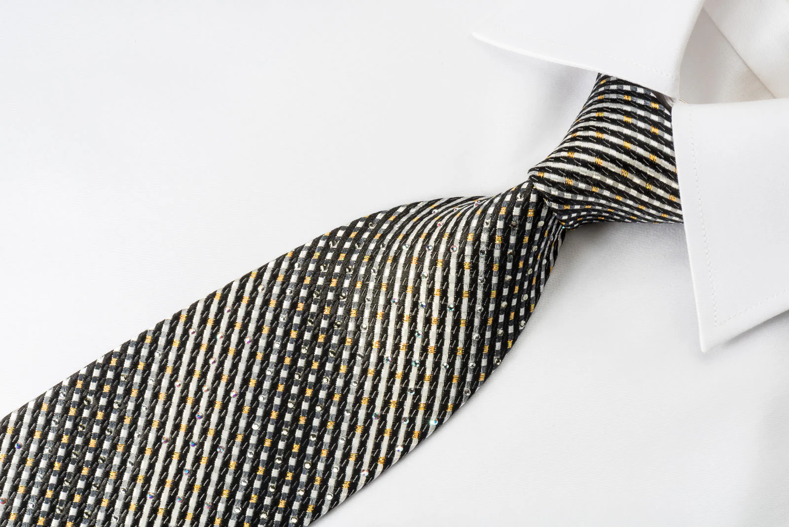 Daks Rhinestone Silk Necktie Silver Charcoal Black Striped With Golden Sparkles - Image 5