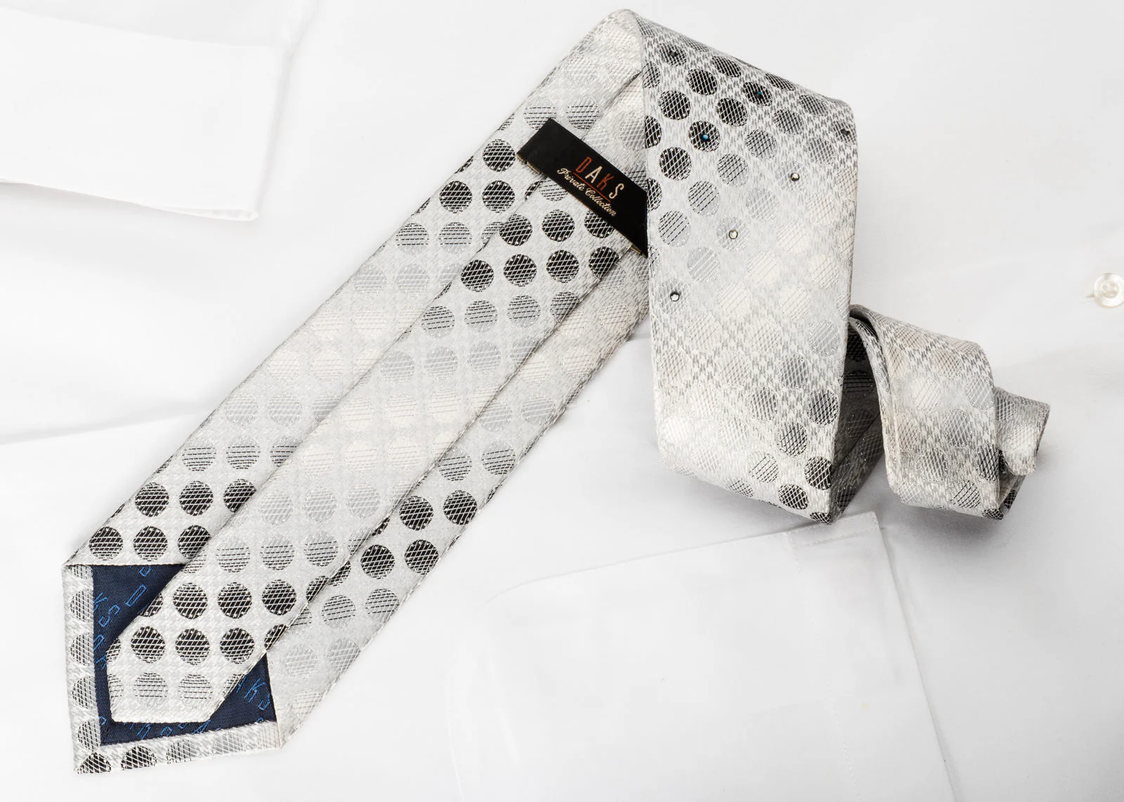 Daks Rhinestone Silk Necktie Silver Dots On White With Silver Sparkles - Image 3