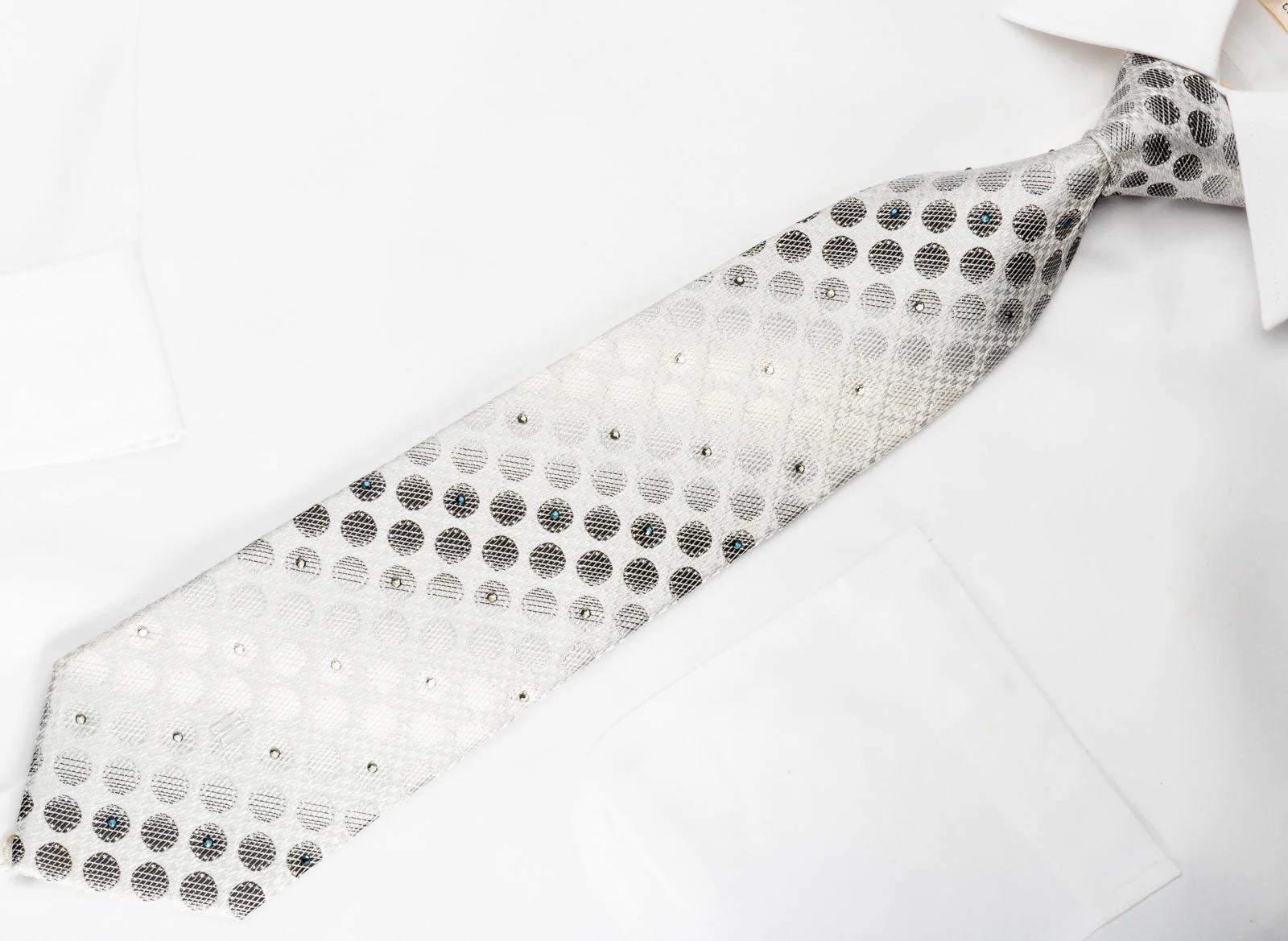 Daks Rhinestone Silk Necktie Silver Dots On White With Silver Sparkles - Image 4