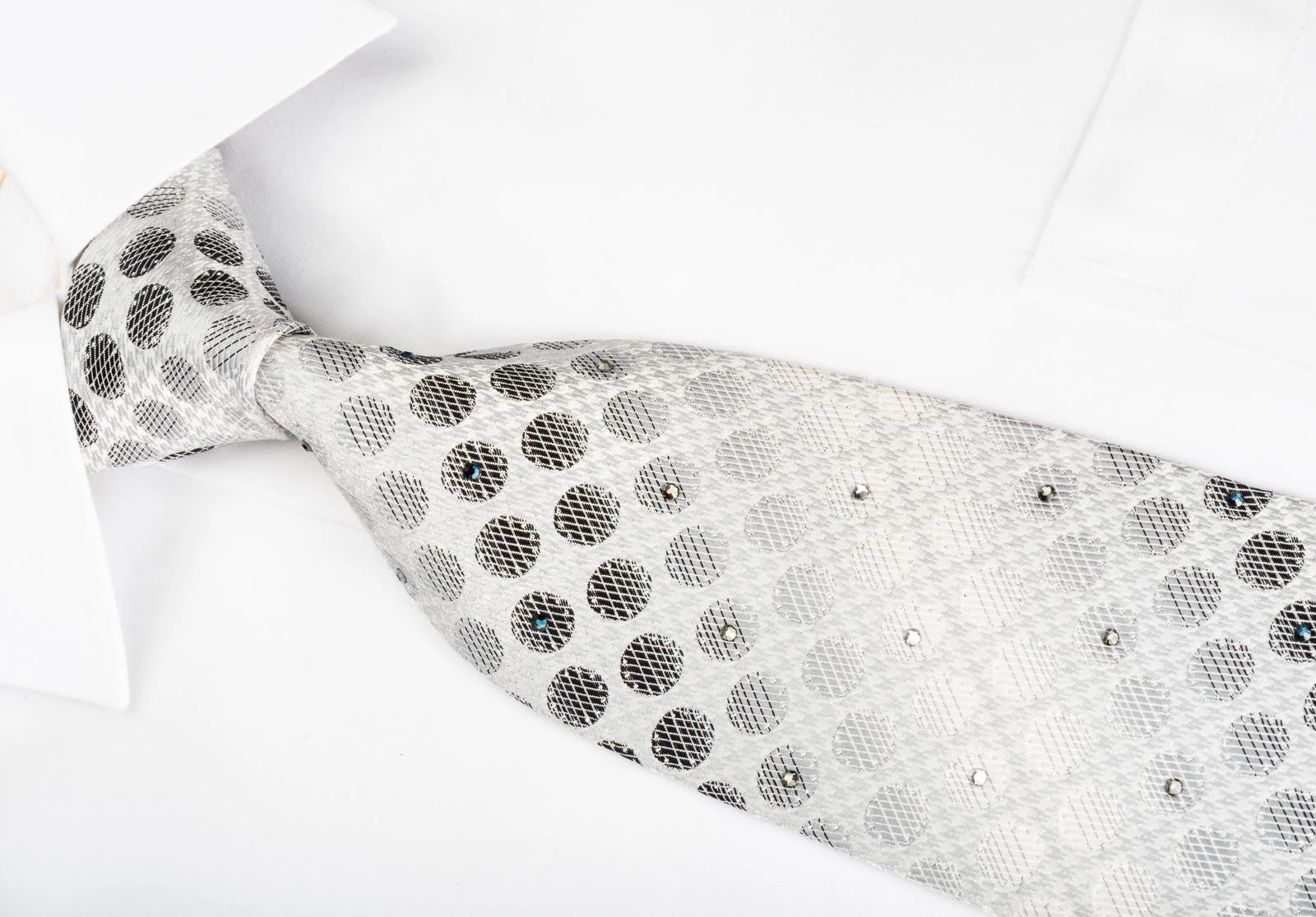 Daks Rhinestone Silk Necktie Silver Dots On White With Silver Sparkles - Image 5