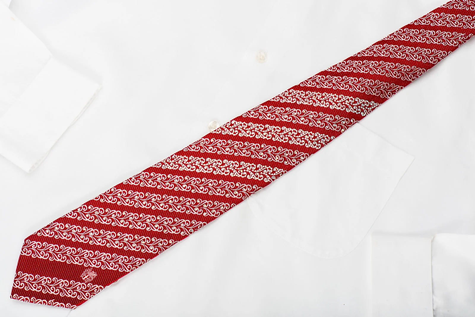 Rhinestone Silk Necktie Silver Filigree Stripes On Burgundy Red With Sparkles - Image 5