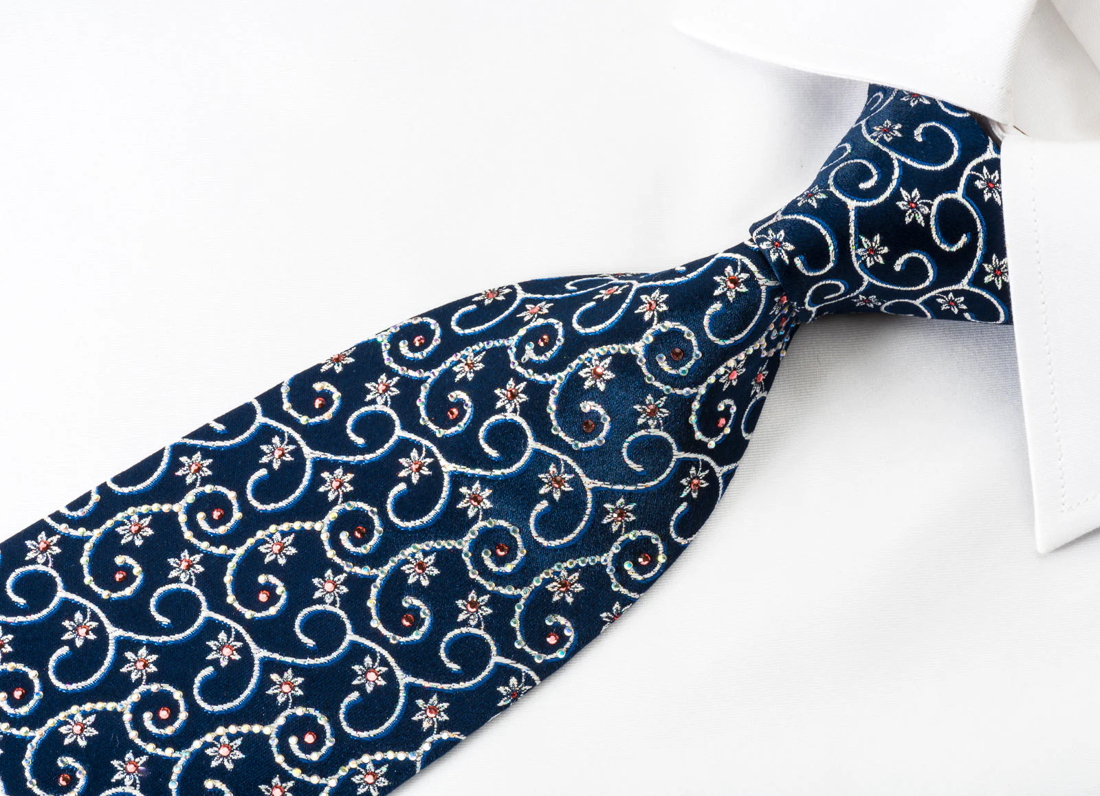 Daks Rhinestone Silk Necktie Silver Floral Scrolls On Blue With Silver Sparkles - Image 4