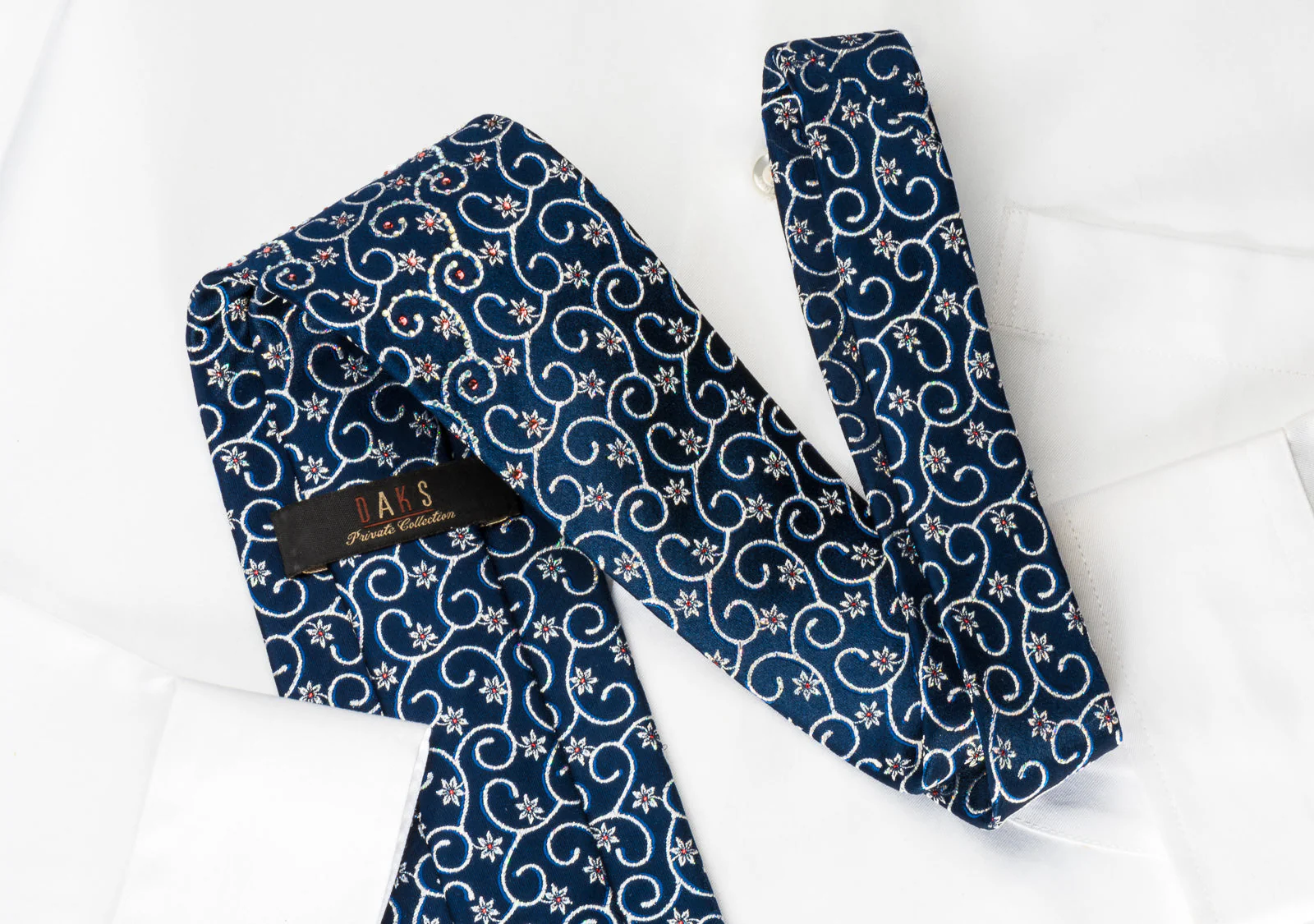 Daks Rhinestone Silk Necktie Silver Floral Scrolls On Blue With Silver Sparkles - Image 7