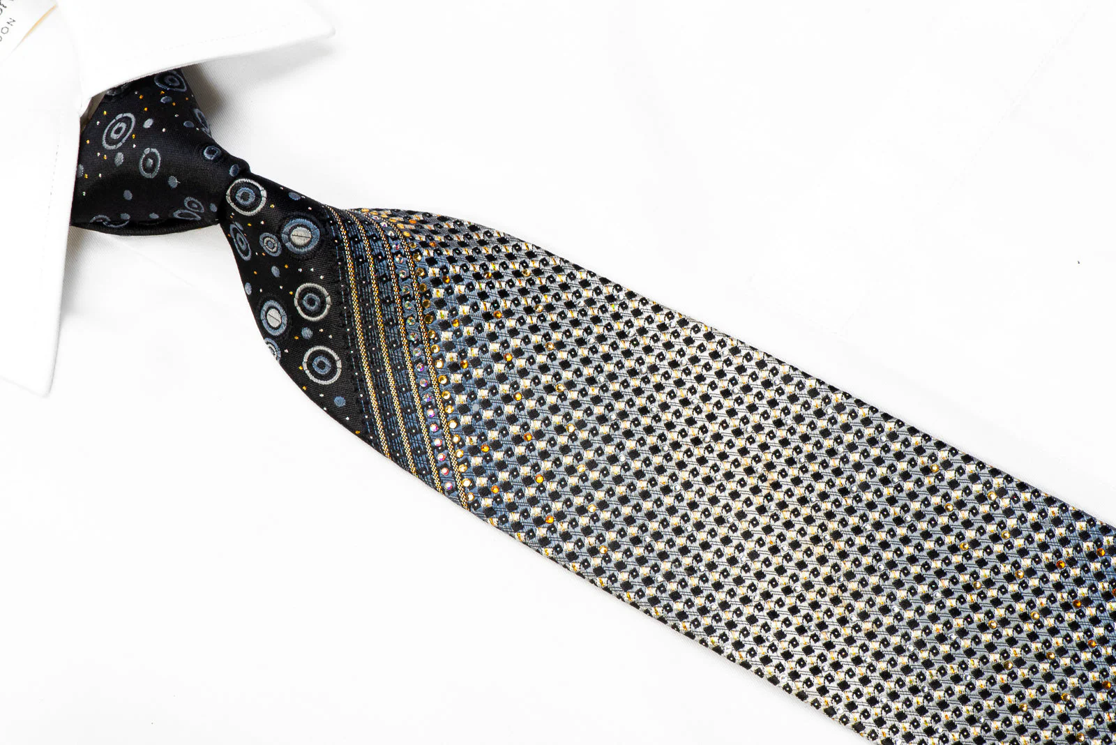 Silver Geometric Gold Striped On Black With Sparkles Rhinestone Silk Necktie - Image 2