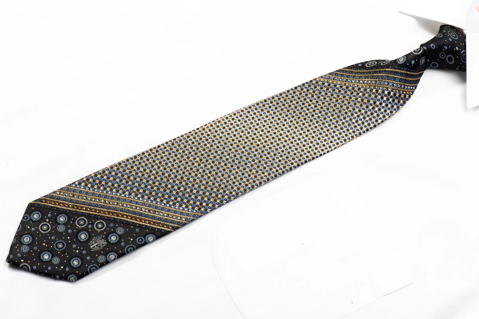 Silver Geometric Gold Striped On Black With Sparkles Rhinestone Silk Necktie - Image 4