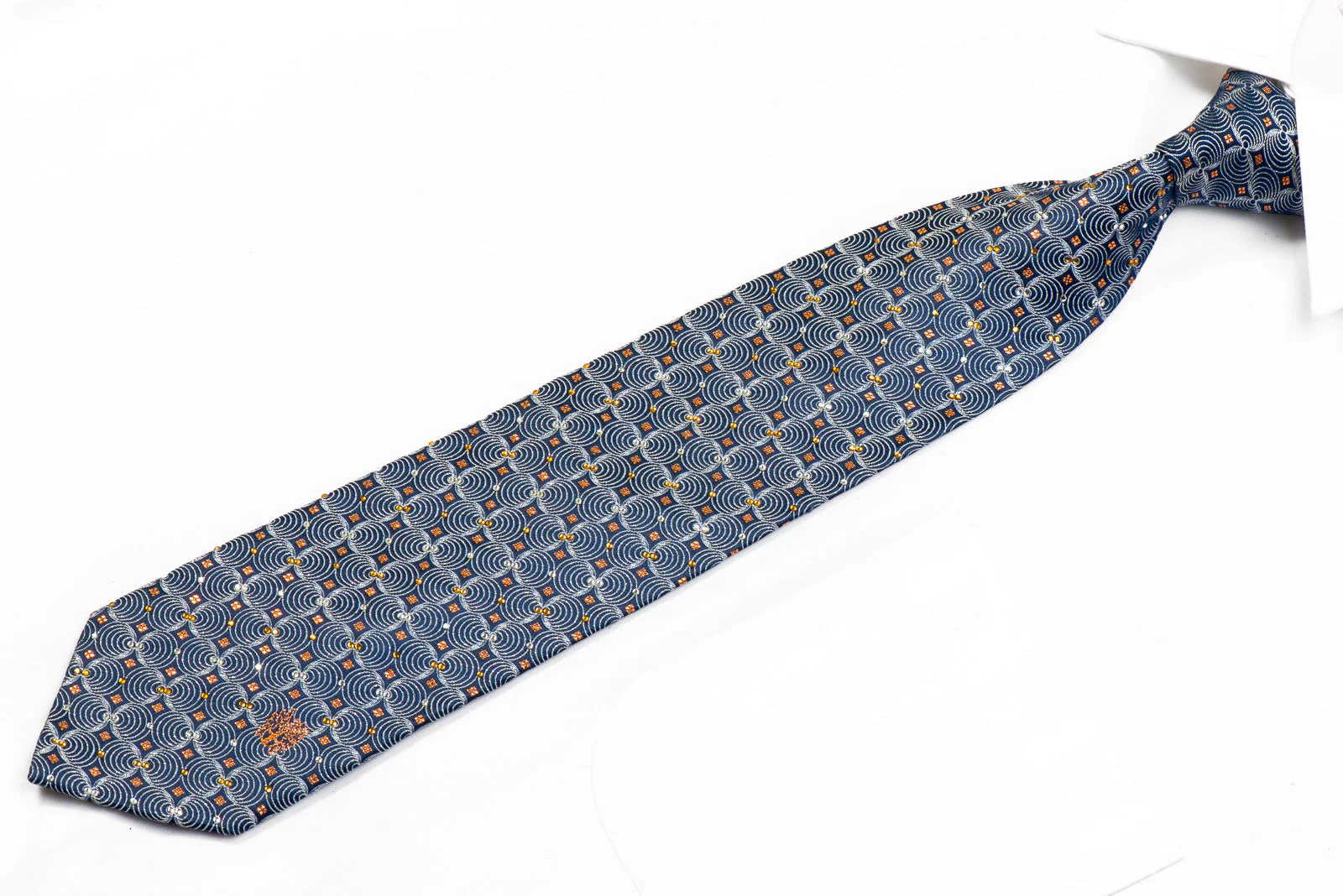 Rhinestone Silk Necktie Silver Geometric On Navy With Orange Sparkles - Image 4