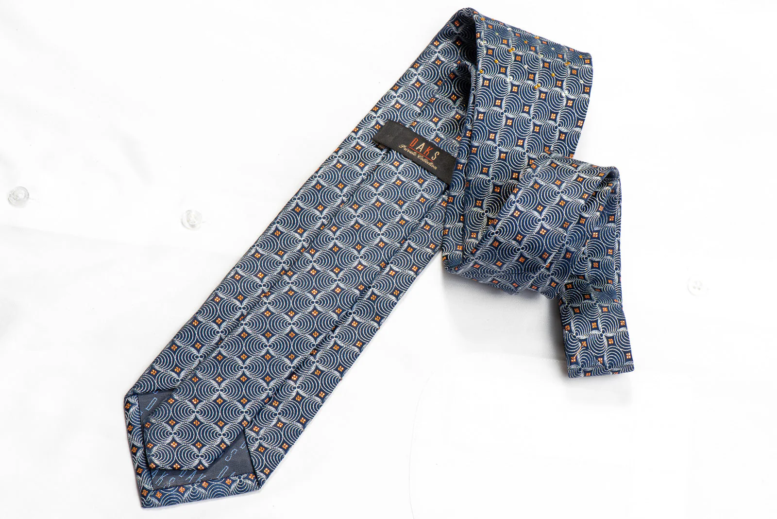 Rhinestone Silk Necktie Silver Geometric On Navy With Orange Sparkles - Image 5