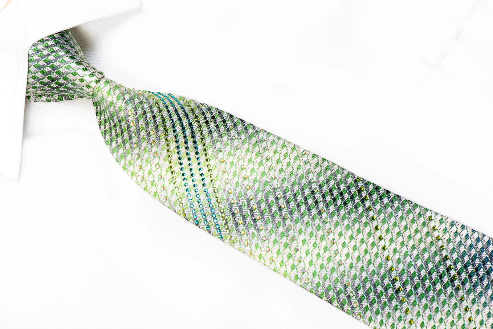 Silver Green Geometric With Sparkles Rhinestone Silk Necktie - Image 2