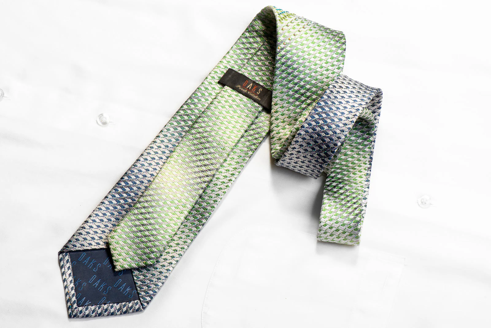 Silver Green Geometric With Sparkles Rhinestone Silk Necktie - Image 4