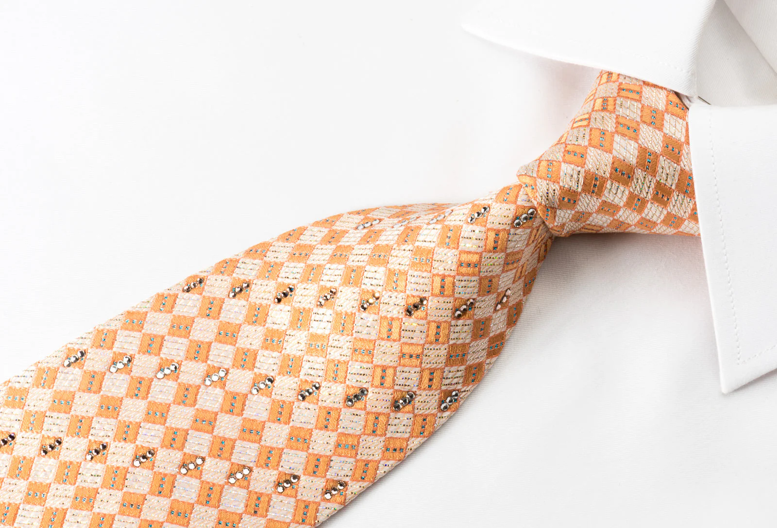 Daks Rhinestone Silk Necktie Silver Orange Checker With Silver Sparkles - Image 3