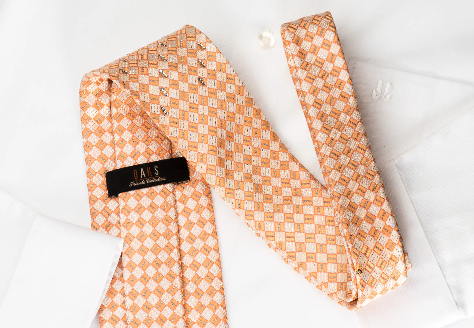 Daks Rhinestone Silk Necktie Silver Orange Checker With Silver Sparkles - Image 4