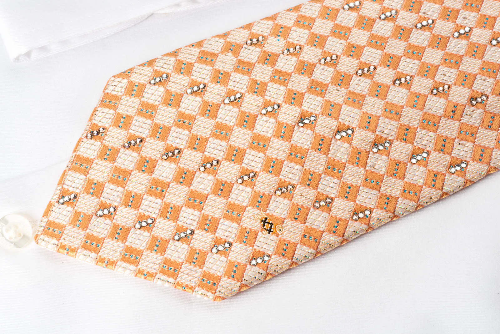 Daks Rhinestone Silk Necktie Silver Orange Checker With Silver Sparkles - Image 5