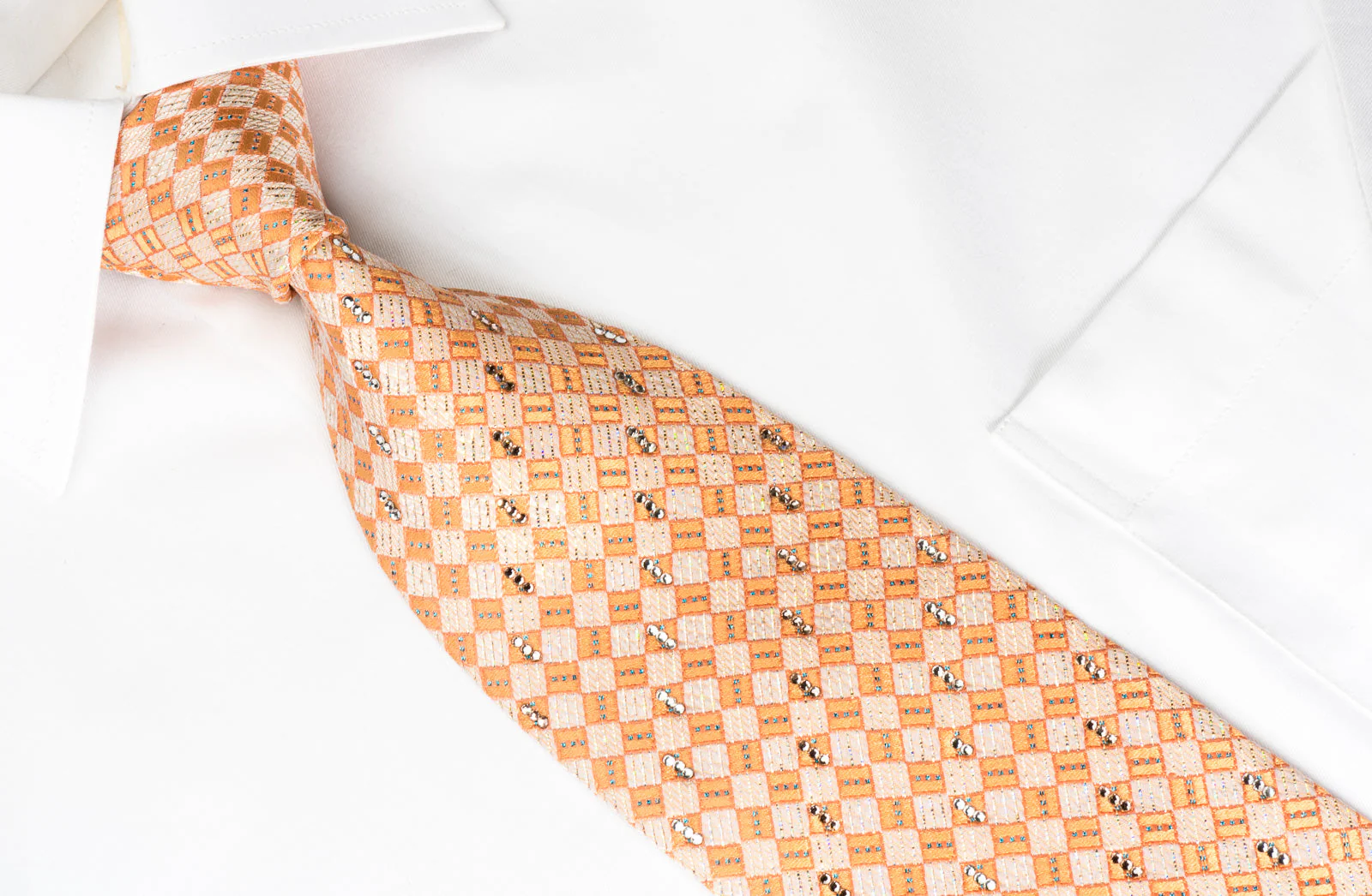 Daks Rhinestone Silk Necktie Silver Orange Checker With Silver Sparkles - Image 6