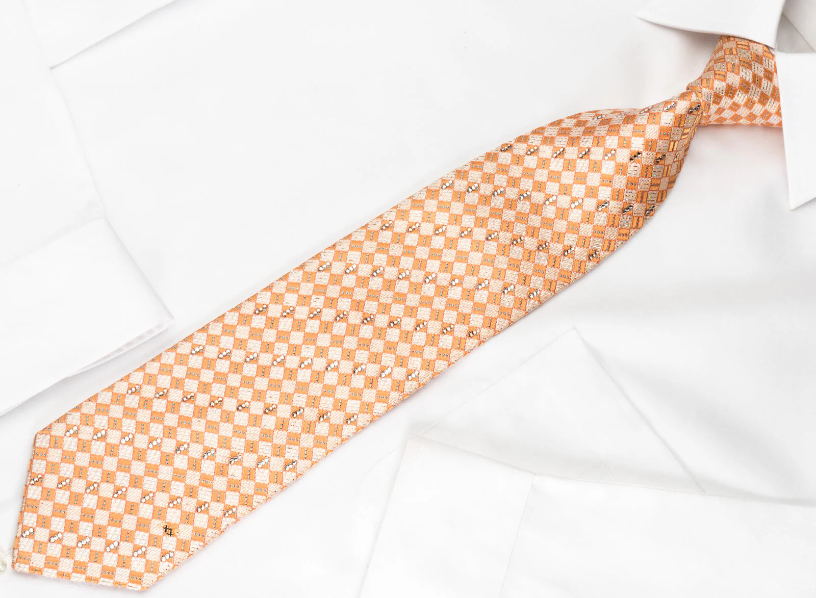 Daks Rhinestone Silk Necktie Silver Orange Checker With Silver Sparkles - Image 7