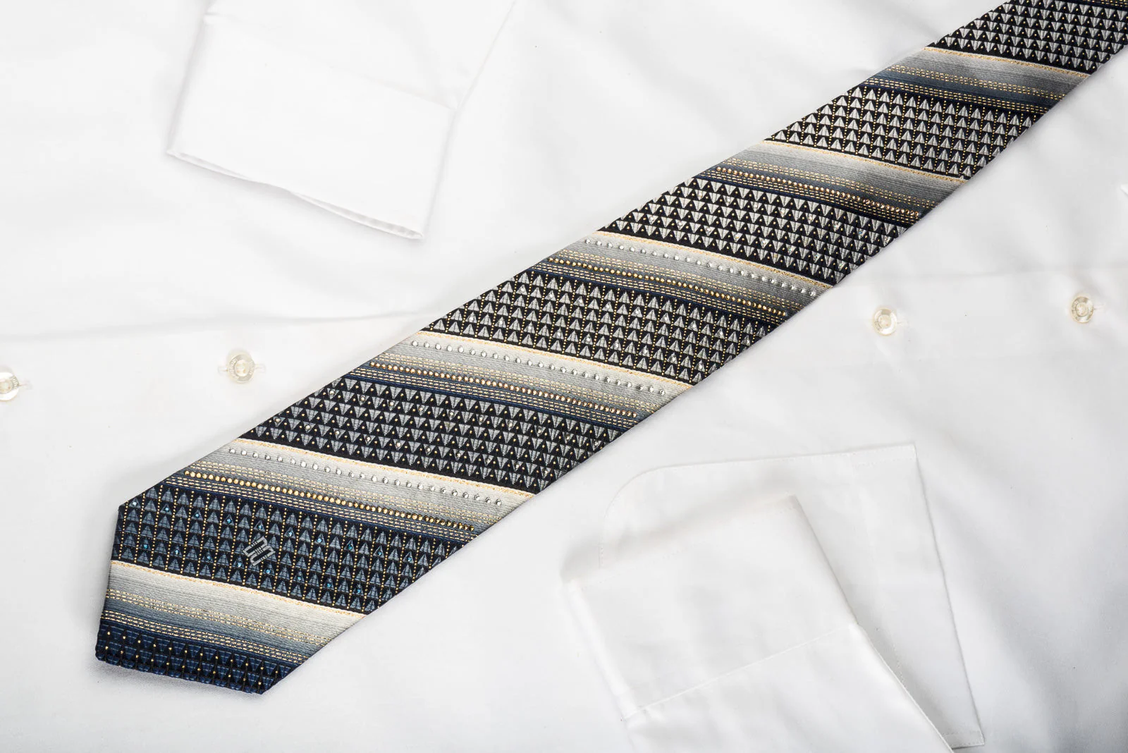 Daks Rhinestone Silk Necktie Silver Stripes On Black With Gold Sparkles - Image 2