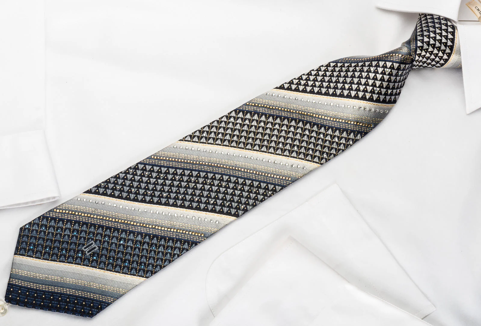 Daks Rhinestone Silk Necktie Silver Stripes On Black With Gold Sparkles - Image 6