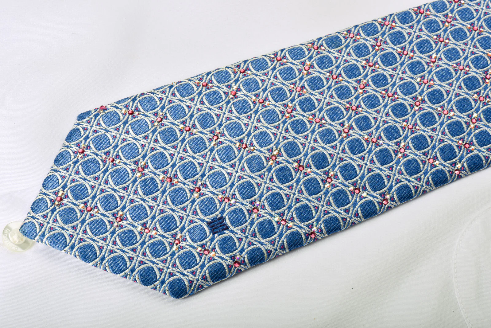 Daks Rhinestone Silk Necktie Silver Trellis On Blue With Silver Sparkles - Image 2