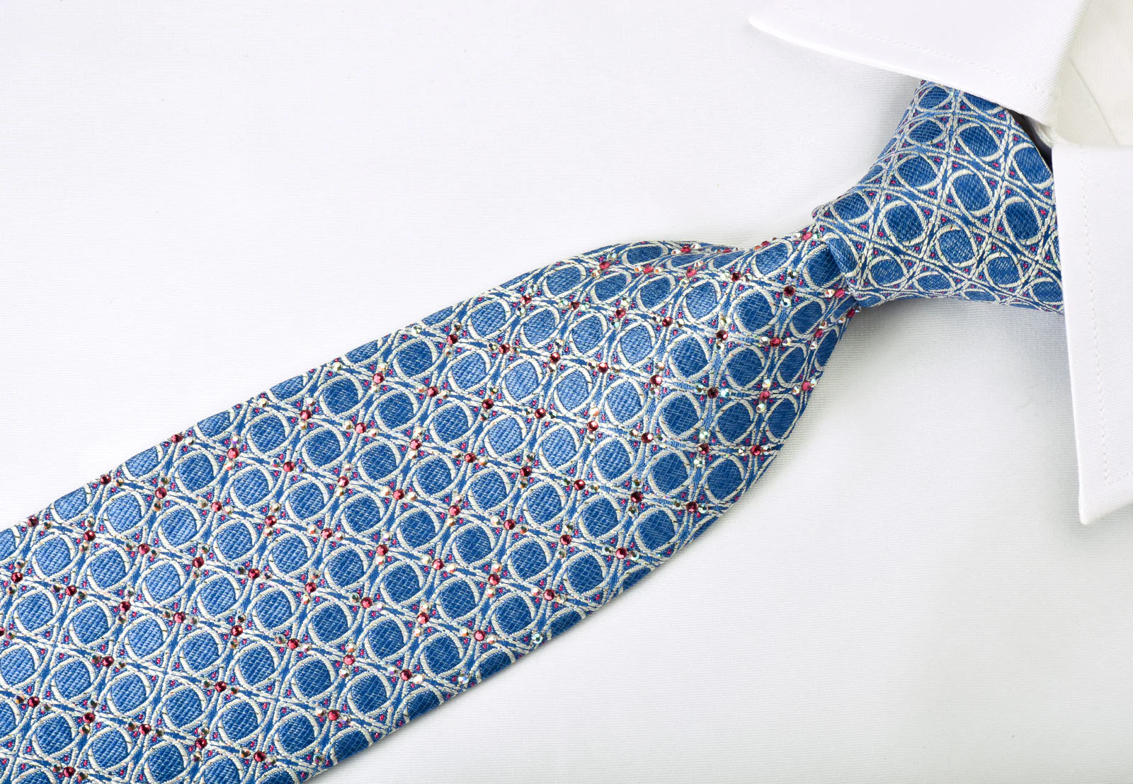 Daks Rhinestone Silk Necktie Silver Trellis On Blue With Silver Sparkles - Image 6