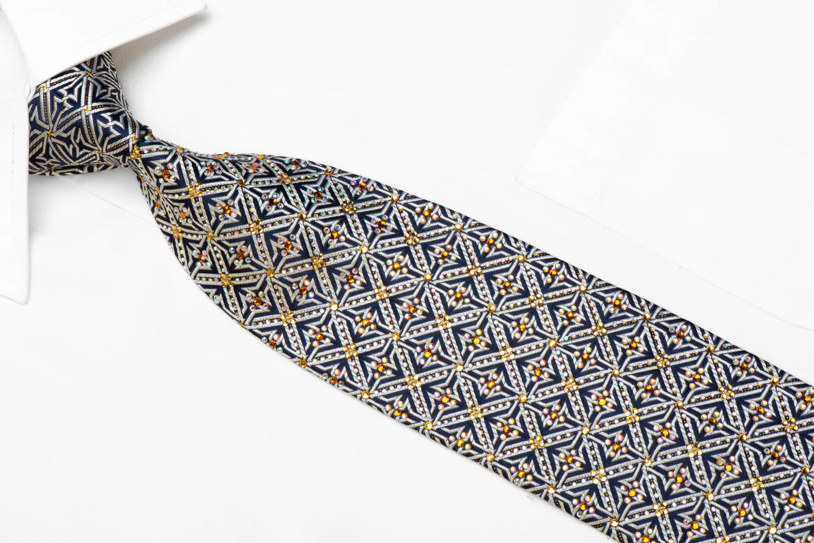 Daks rhinestone Silk Necktie Silver Trellis On Navy With Sparkles - Image 2