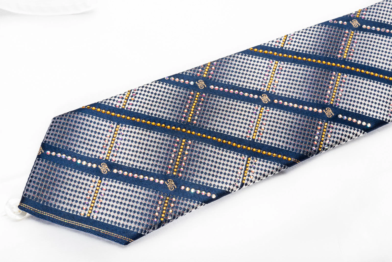 Rhinestone Silk Necktie Stripes On Teal With Red Gold Sparkles - Image 3