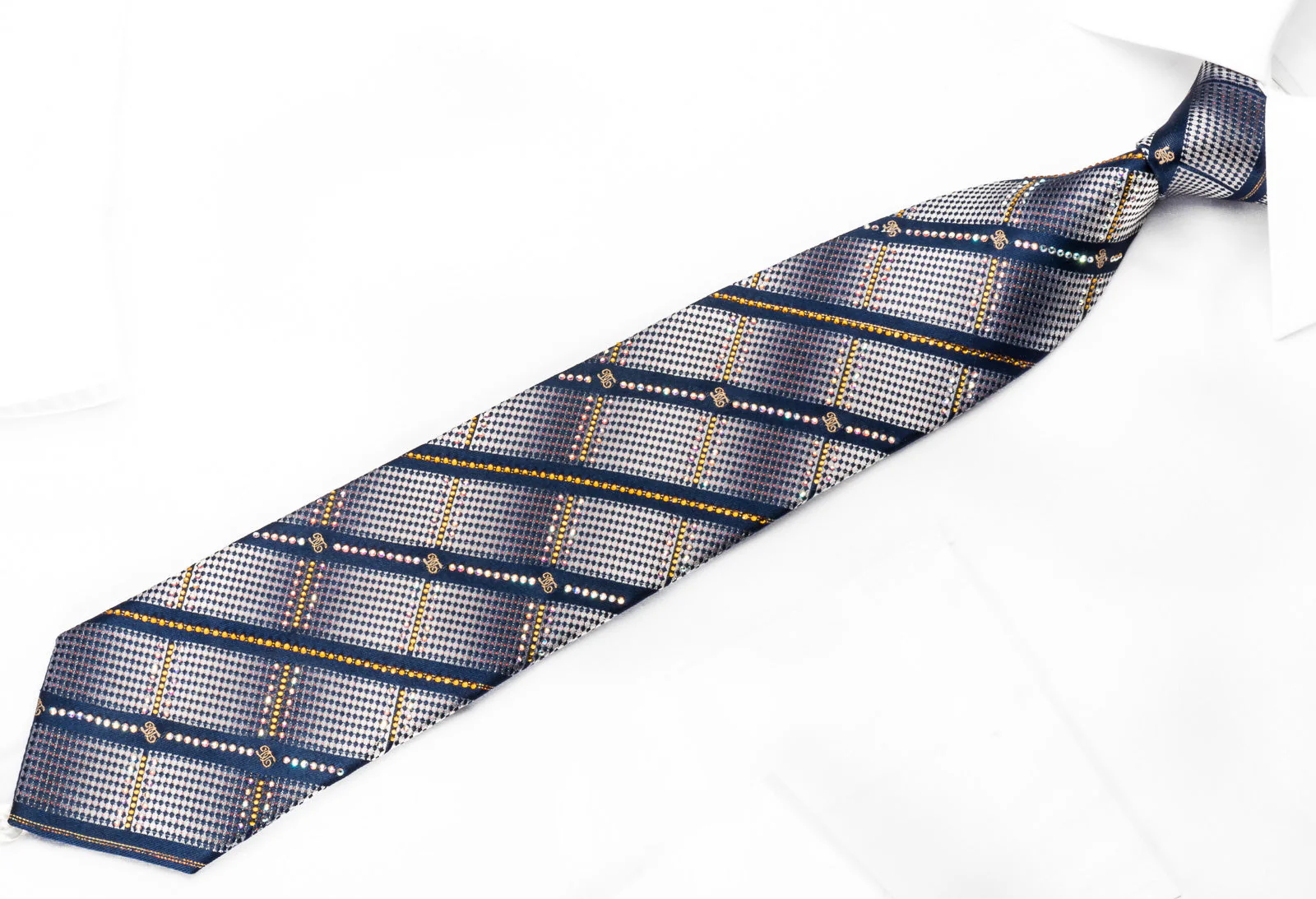 Rhinestone Silk Necktie Stripes On Teal With Red Gold Sparkles - Image 4