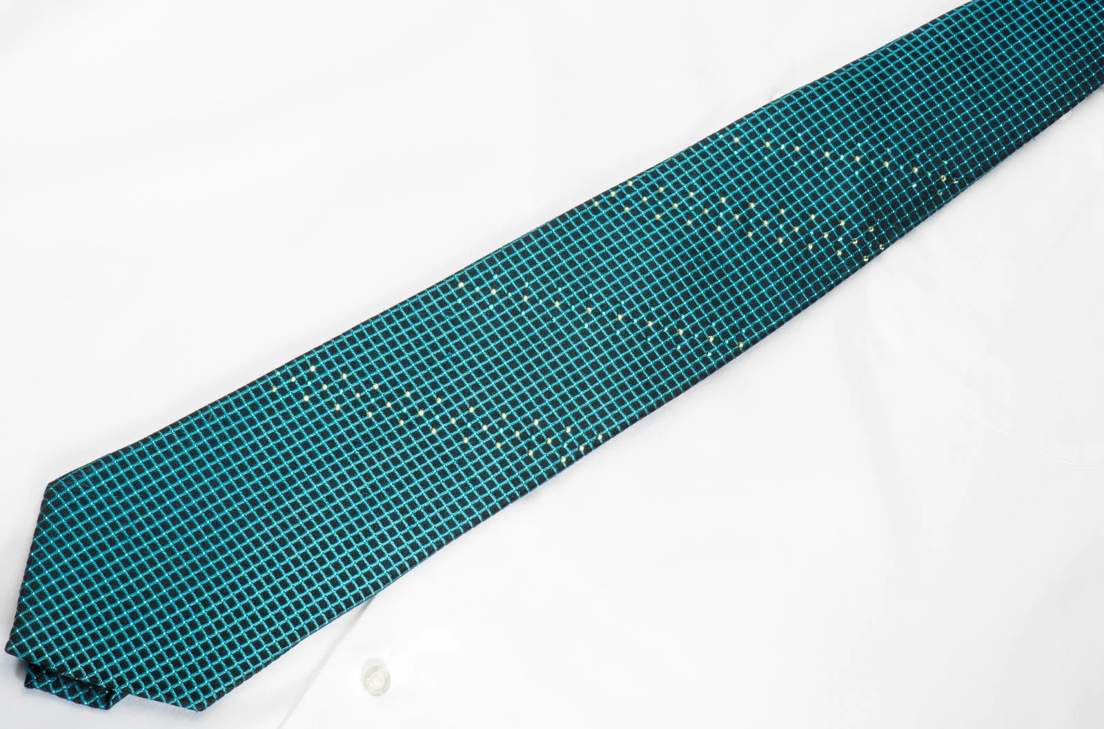 Daks Rhinestone Silk Necktie Turquoise Trellis On Black With Silver Sparkles - Image 3
