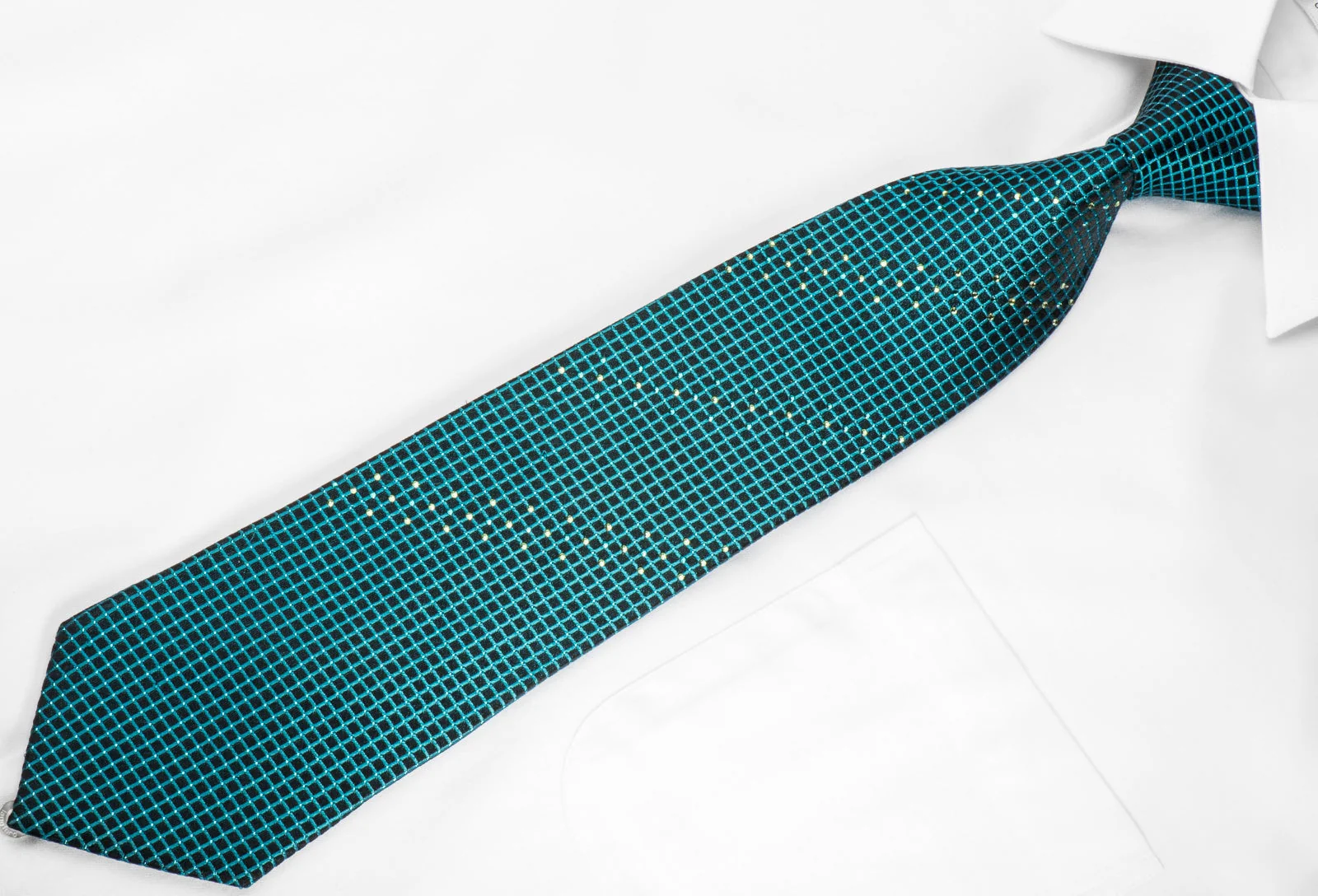 Daks Rhinestone Silk Necktie Turquoise Trellis On Black With Silver Sparkles - Image 4