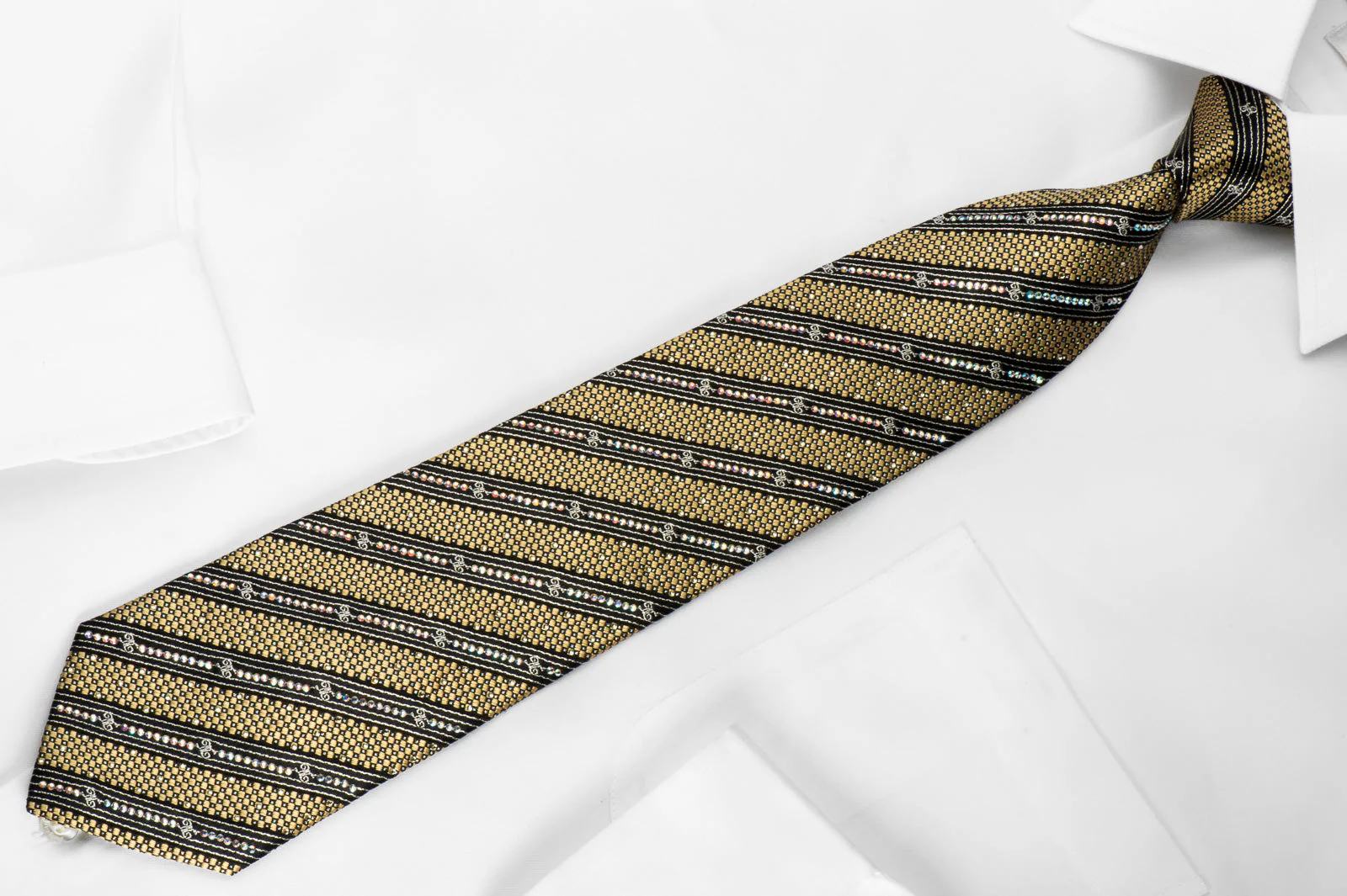Rhinestone Silk Tie Black Gold Striped With Silver Sparkles - Image 4