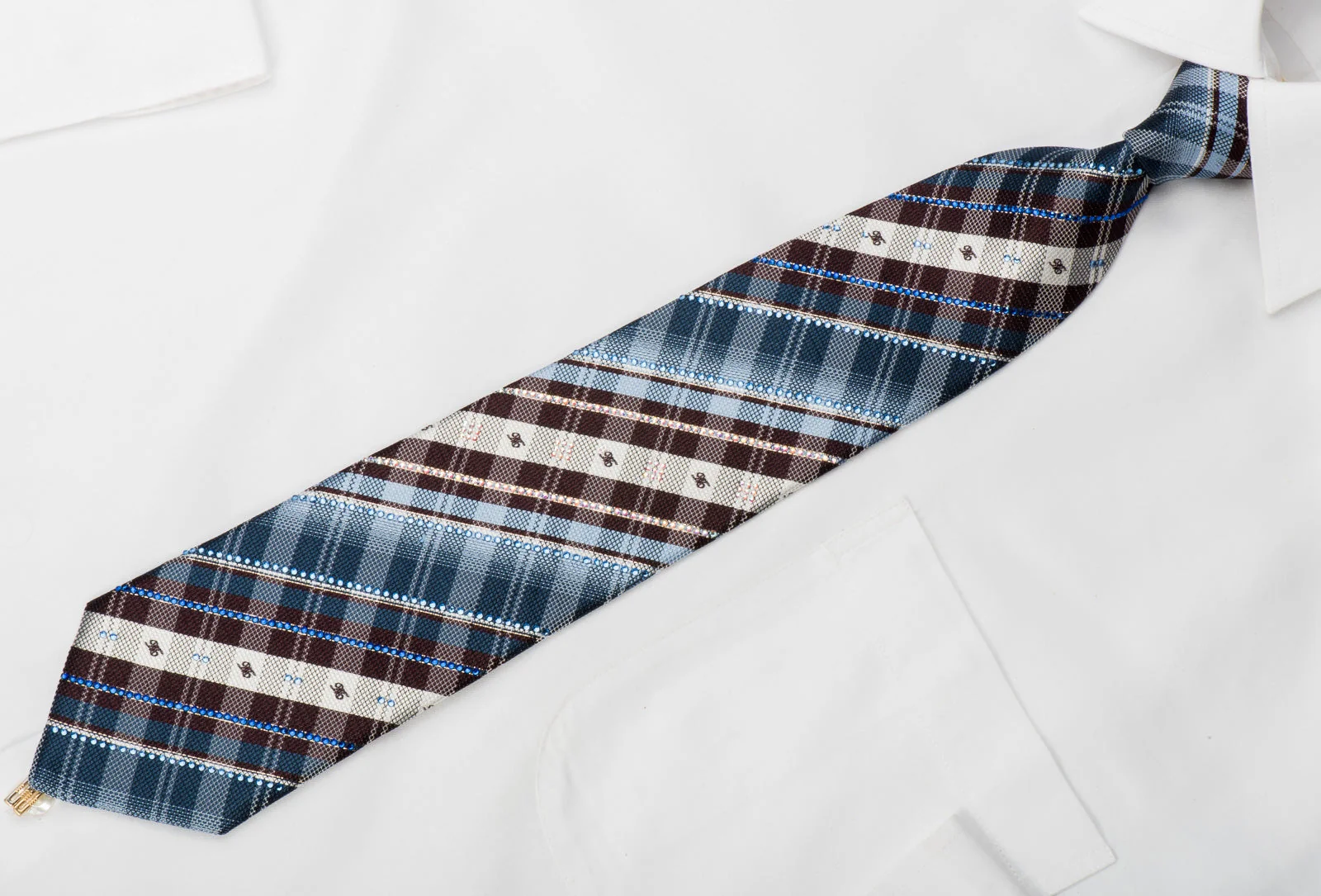 Daks Rhinestone Silk Tie Blue Brown Plaids With Gold Sparkles - Image 3