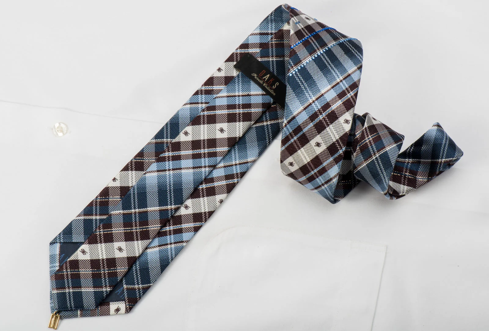 Daks Rhinestone Silk Tie Blue Brown Plaids With Gold Sparkles - Image 4