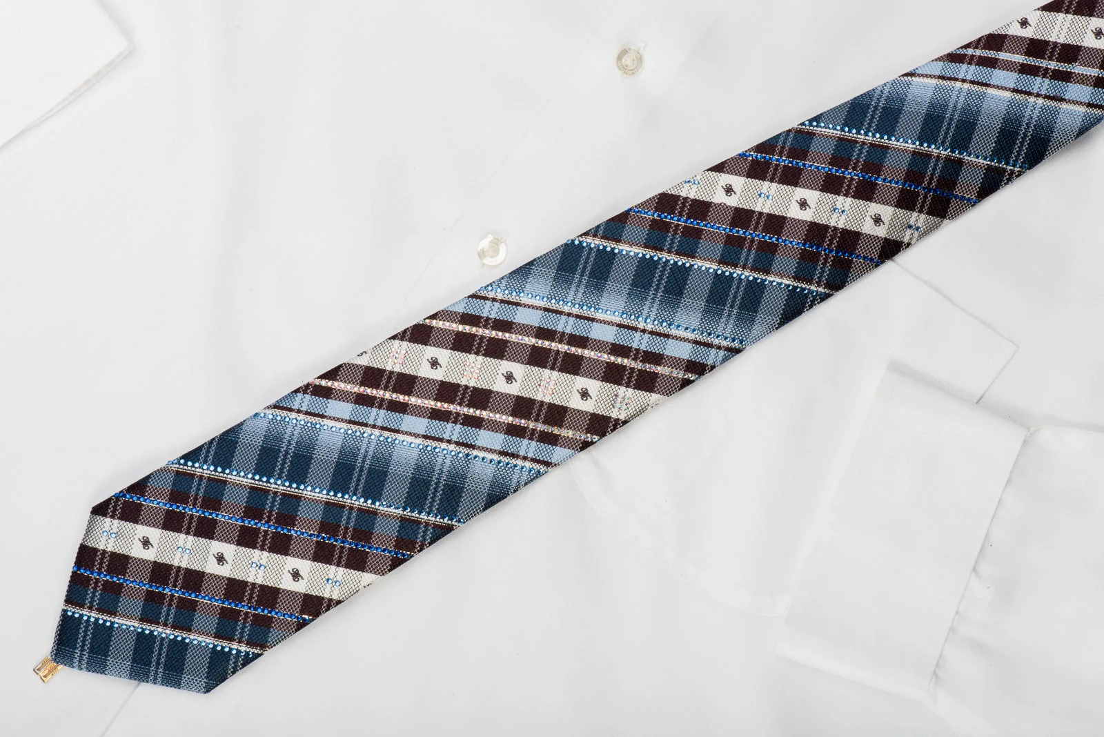 Daks Rhinestone Silk Tie Blue Brown Plaids With Gold Sparkles - Image 5