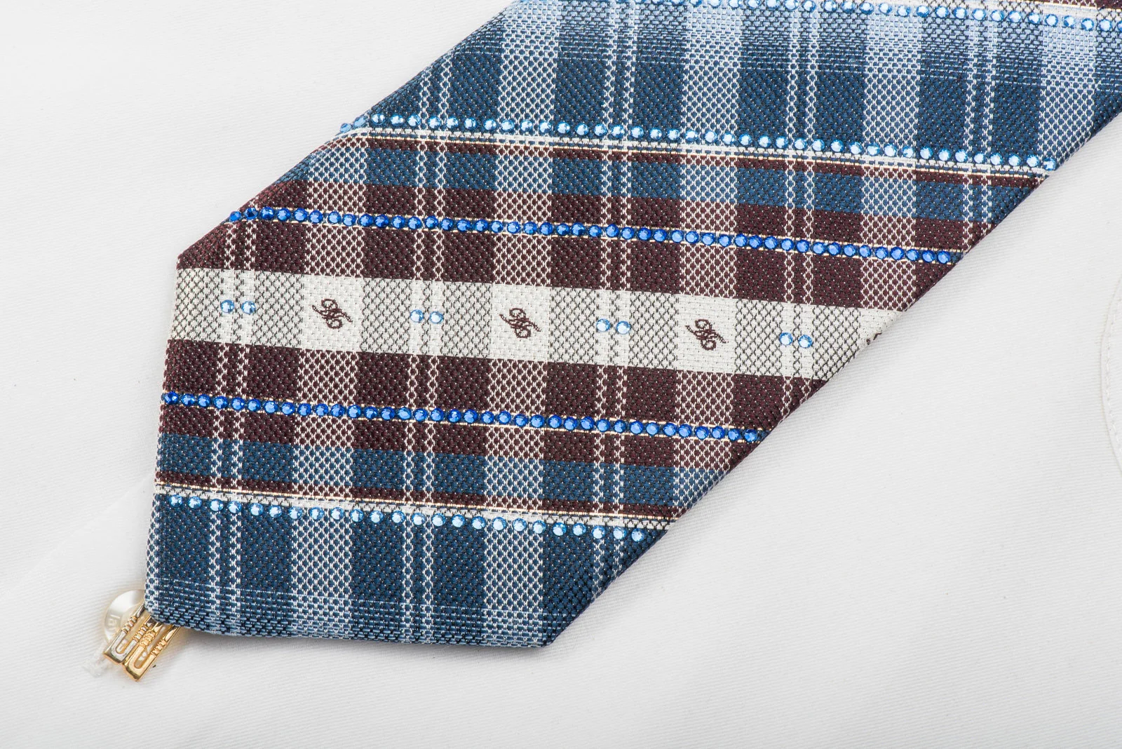 Daks Rhinestone Silk Tie Blue Brown Plaids With Gold Sparkles - Image 6