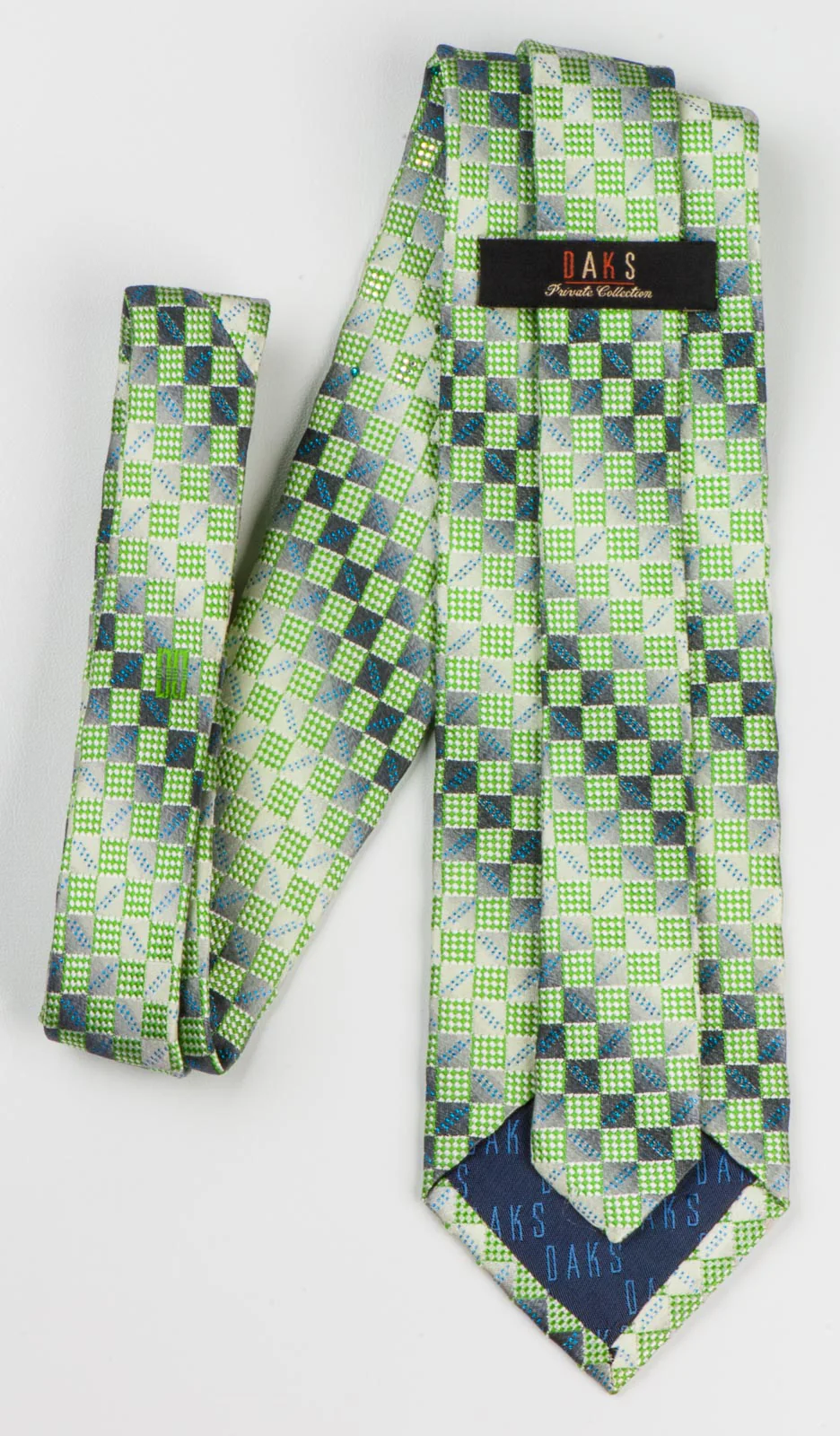 Daks Rhinestone Tie Green Gray Silk Checked Design With Blue Sparkles - Image 5