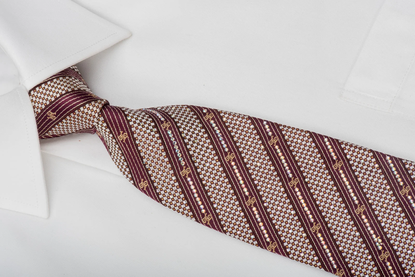 Striped On Burgundy Rhinestone Tie With Gold Sparkles - Image 5