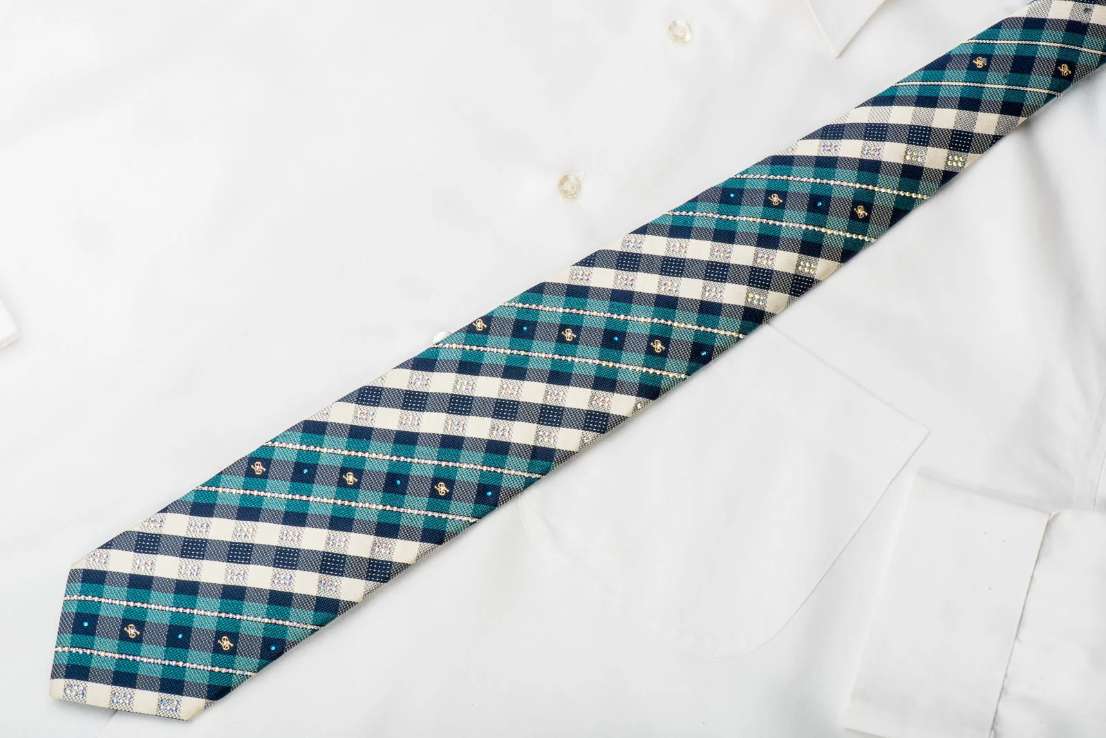 Turquoise Blue Silver Plaid With Sparkles Rhinestone Tie With Sparkles - Image 3
