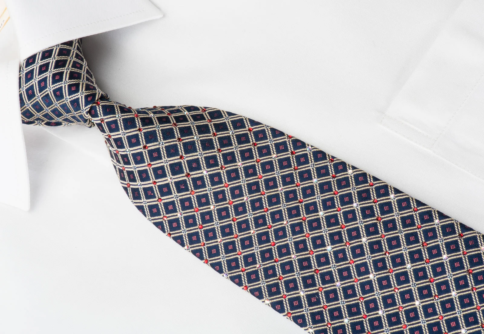 Daks Rhinestone Woven Silk Necktie Silver Trellis On Navy With Red Sparkles - Image 2